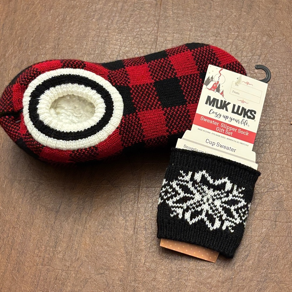 Muk Luks Red and Black Plaid Sweater Slipper Socks